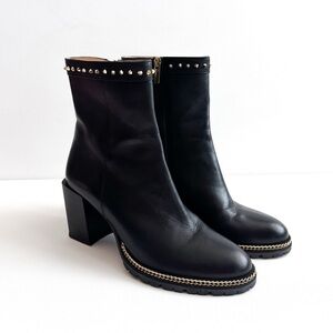 Ron White Black Leather Gold Tone Studded Chain Side Zip Ankle Boots